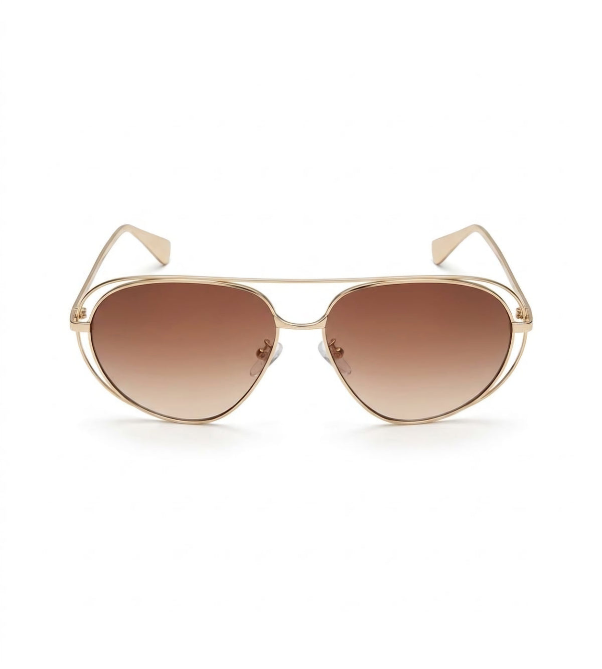 Óculos de sol Madë Glasses Évora estilo aviador com armação metálica dourada e lentes degradê marrons.