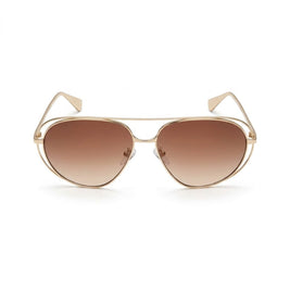 Óculos de sol Madë Glasses Évora estilo aviador com armação metálica dourada e lentes degradê marrons.