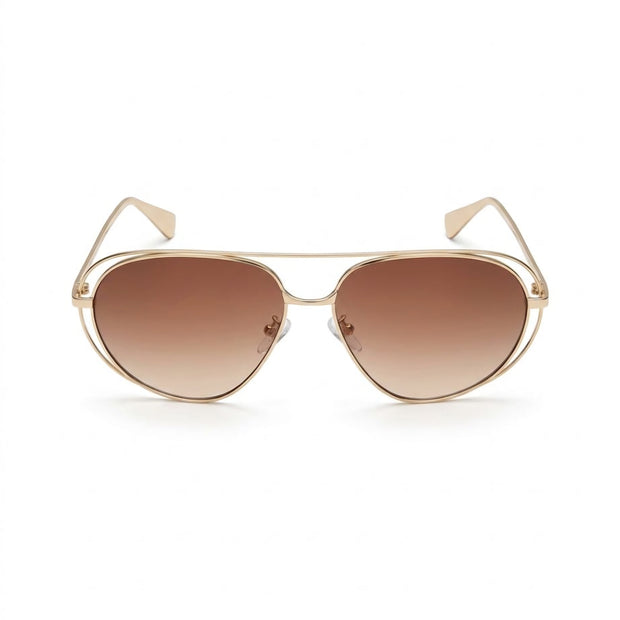 Óculos de sol Madë Glasses Évora estilo aviador com armação metálica dourada e lentes degradê marrons.