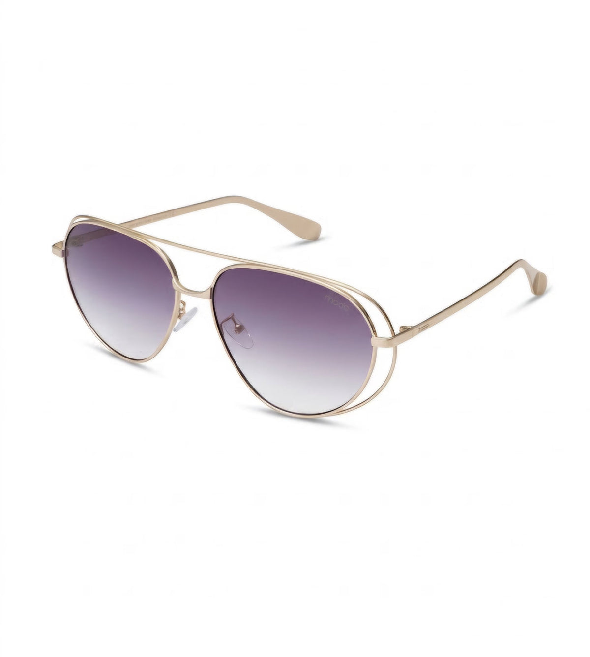 Óculos de sol Madë Glasses modelo Évora estilo aviador com armação metálica dourada e lentes degradê lilás