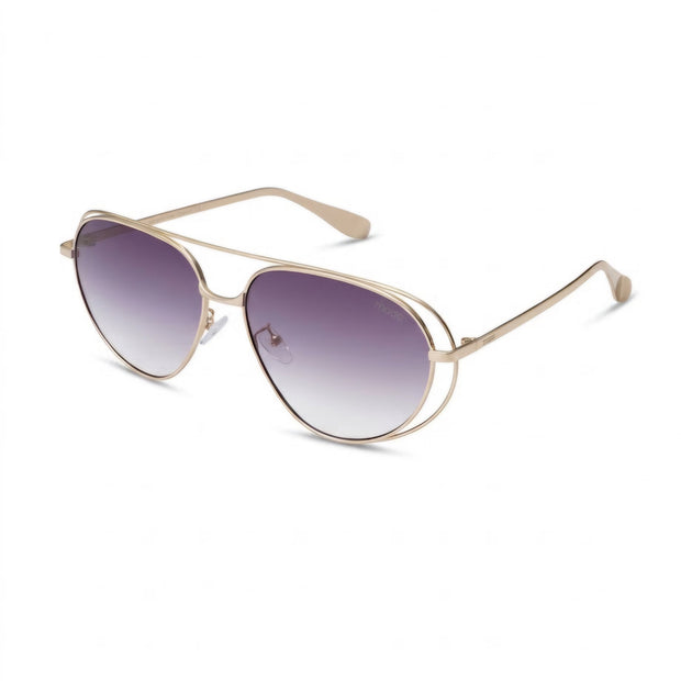 Óculos de sol Madë Glasses modelo Évora estilo aviador com armação metálica dourada e lentes degradê lilás